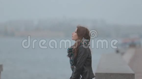 浪漫的黑发沿着海滨散步视频的预览图