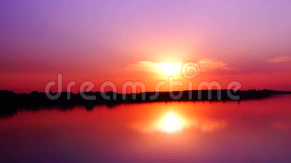 美丽的日落湖上有飞鸟阳光反射视频的预览图