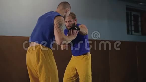 两名自由战士在健身房训练踢腿和接待慢慢地视频的预览图