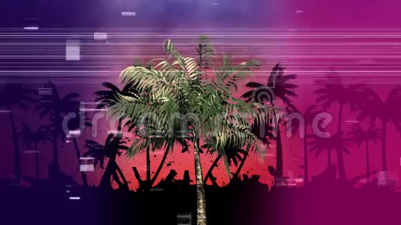 棕榈树和其他棕榈树在阴影中而虚拟广场像前景上的像素一样嗖嗖作响视频的预览图