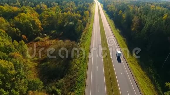 秋林中乡间小路公路森林的空中景观视频的预览图