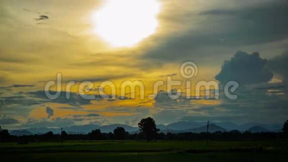 日落时天空笼罩着稻田视频的预览图