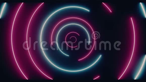 螺旋循环霓虹灯发光复古飞碟未来紫色蓝色激光圈旋转灯在黑暗黑色平原背面视频的预览图