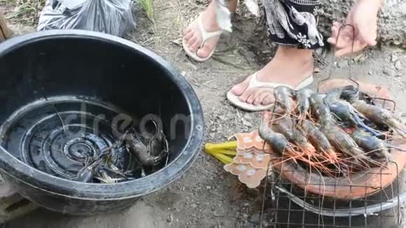泰国妇女在户外烹饪烤虾或大虾视频的预览图