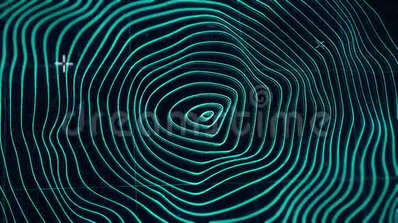 黑色背景上的动画抽象弯曲霓虹灯同心圆动画绿松石地理位置视频的预览图