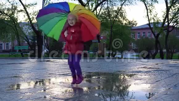 可爱的小女孩带着五颜六色的雨伞在日落时在公园的水坑里跳视频的预览图