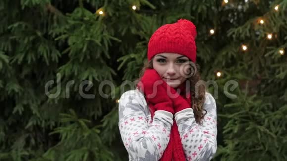 戴着红帽围巾和手套的年轻美女在圣诞树和腰带的背景上晒太阳视频的预览图