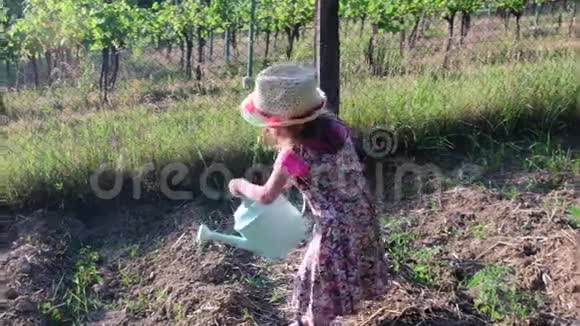 小女孩穿花裙和白帽子小女孩给花园浇水视频的预览图