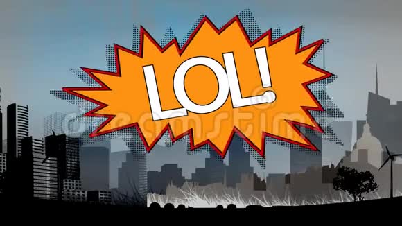 词LOL出现在复古和喜剧的语音泡沫与绘制城市景观的背景视频的预览图