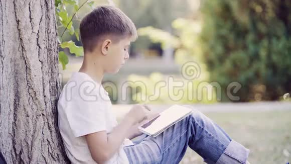 小男孩坐在草地上用数码平板电脑视频的预览图
