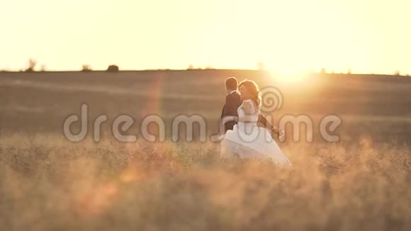 浪漫的情侣在阳光下漫步黄金小麦视频的预览图