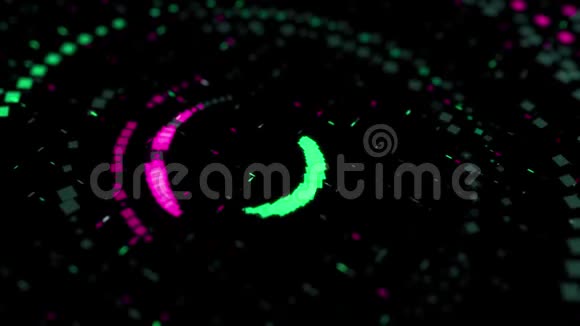 抽象的明亮的霓虹灯圈由五颜六色的小几何图形组成在黑暗中混沌地移动视频的预览图