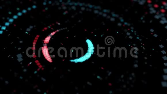 抽象的明亮的霓虹灯圈由五颜六色的小几何图形组成在黑暗中混沌地移动视频的预览图