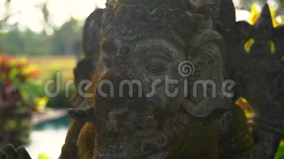 一个热带花园里长满苔藓的甘尼莎神的石像的慢动作稳定镜头视频的预览图
