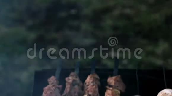 烧烤串上烤的肉和蘑菇视频的预览图