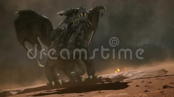 大龙在沙漠中寻找他的敌人3D动画幻想背景视频的预览图