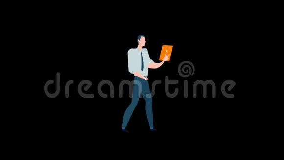 卡通2d平板人物商人手持平板电脑行走周期视频的预览图