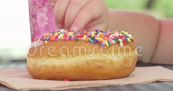 慢动作儿童野餐洒下一个闪耀的甜甜圈视频的预览图