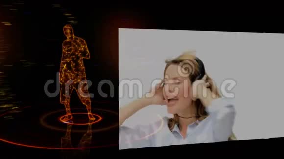 当女人带着耳机跳来跳去的时候一个3D图像视频的预览图