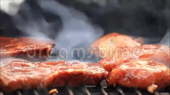 烤架上的猪肉和火鸡肉视频的预览图