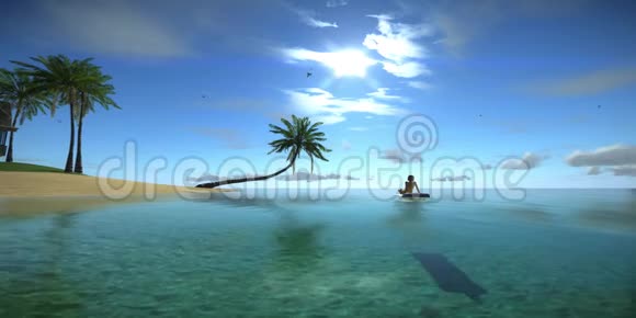 女子日光浴阳光夏日海滩放松理念高品质完美3D动画的蓝色热带海洋海鸥是fl视频的预览图