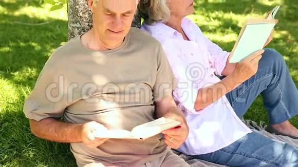退休夫妇靠在树上看书视频的预览图