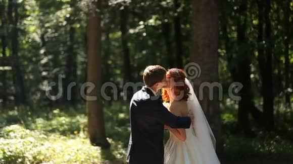 新郎新娘在公园散步接吻视频的预览图