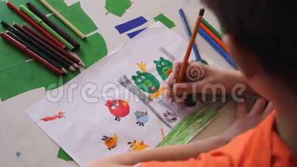 家庭男孩在相册里用彩色铅笔画画视频的预览图