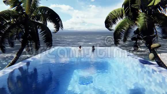 美丽的游泳池阳光明媚的一天在一个失去的热带岛屿上有一对男女洗澡加载现实3D视频的预览图