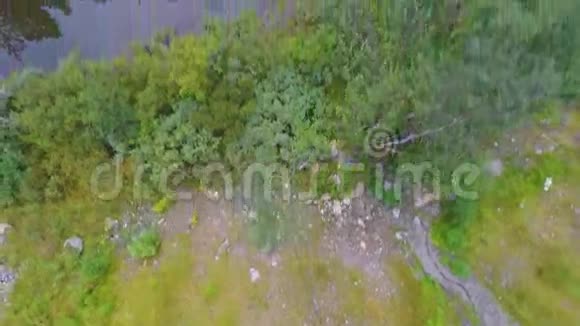 飞过一条小溪和树木在高山之间视频的预览图