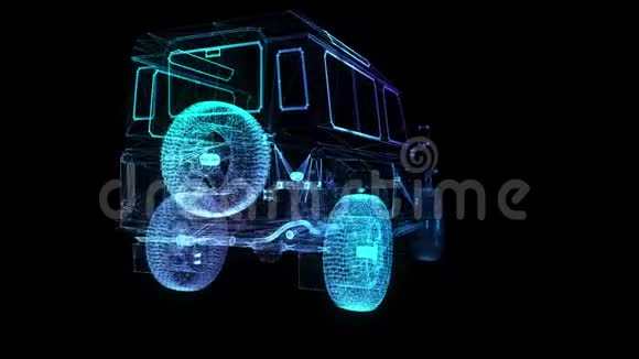 未来的车汽车的发光点和线形成无缝回路4k动画车轮实体虚拟车架视频的预览图