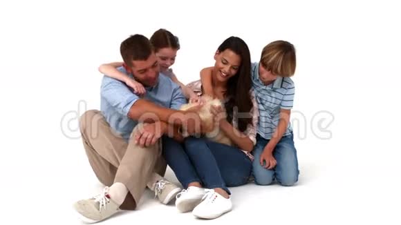 带着白色背景小狗的幸福家庭视频的预览图