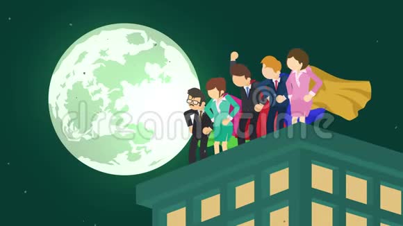 月光城的超级英雄站在摩天大楼上空商业团队的象征团队合作和领导理念漫画循环动画视频的预览图