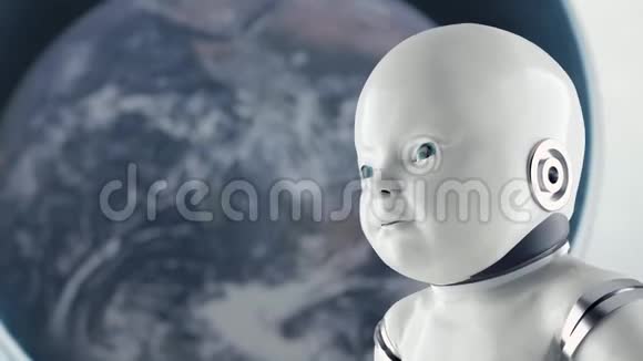 未来主义人形儿童肖像科幻小说的概念以金属和电线为背景视频的预览图