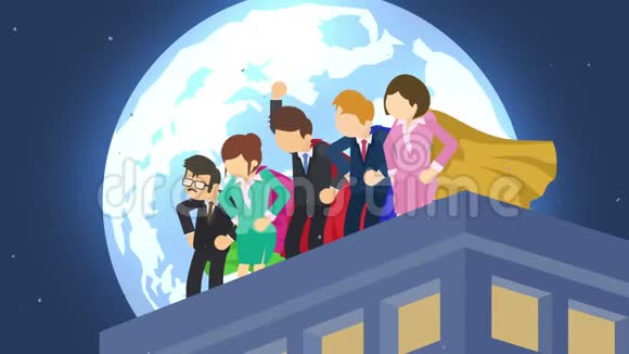 月光城的超级英雄站在摩天大楼上空商业团队的象征团队合作和领导理念漫画循环动画视频的预览图
