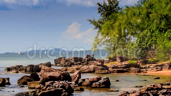 海滩附近浅水区带热带植物的岩石视频的预览图