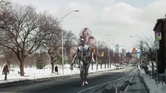 科幻概念描绘了一个巨大的粒子发射半机器人走在一条街上视频的预览图