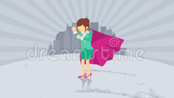 站在城市背景上的超级英雄尘舞商业女性的象征领导力和成就理念喜剧循环动画视频的预览图