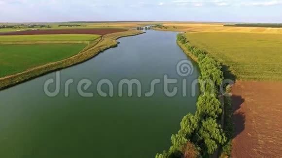 在阳光明媚的一天一条大河穿过绿色的田野俯瞰美丽的风景视频的预览图