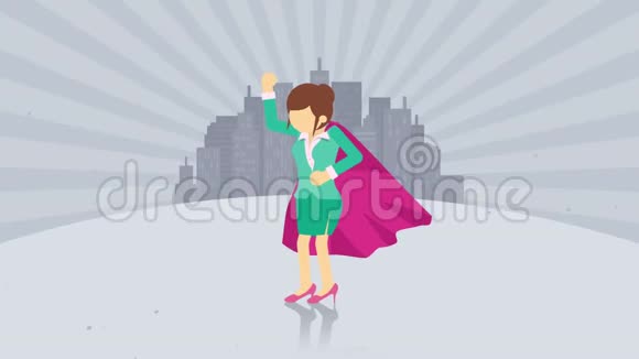 站在城市背景上的超级英雄尘舞商业女性的象征领导力和成就理念喜剧循环动画视频的预览图
