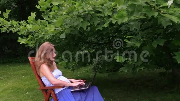 金发孕妇从笔记本电脑聊天公园打电话视频的预览图