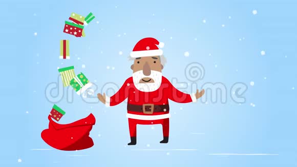 带礼物的圣诞老人循环动画视频的平面风格问候电子贺卡短信圣诞快乐视频的预览图