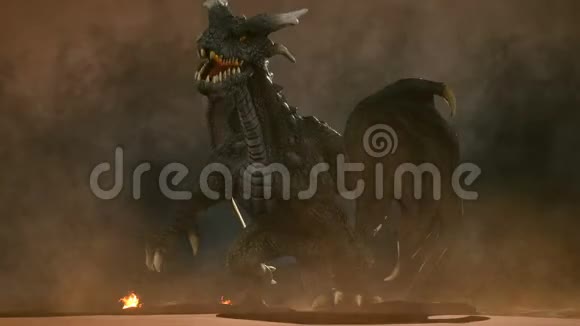 沙漠中一条愤怒的大龙正在与敌人搏斗3D动画幻想背景视频的预览图
