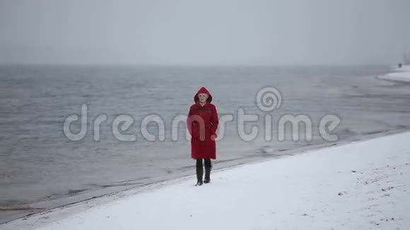 冬天一个女孩沿着河岸散步视频的预览图