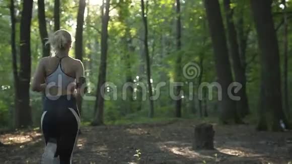 女人在清晨的森林里奔跑视频的预览图