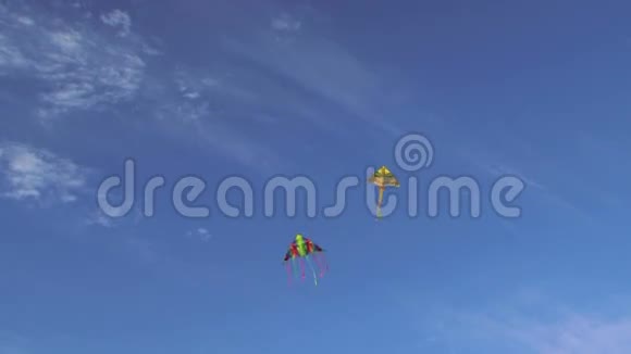 蓝天中两个色彩斑斓的风筝飞得很高视频的预览图