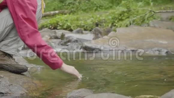 年轻女子摸着森林里的河水年轻的游客触摸河流视频的预览图