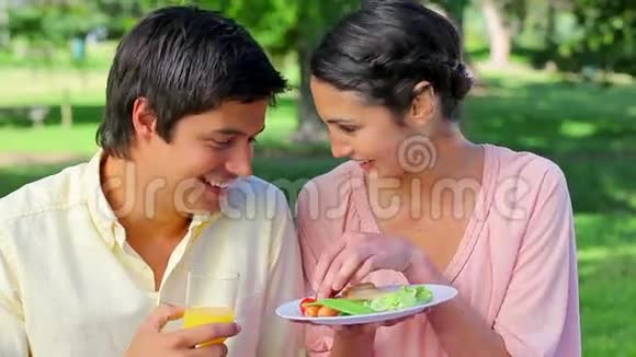 微笑的女人在野餐时喂她的男朋友视频的预览图