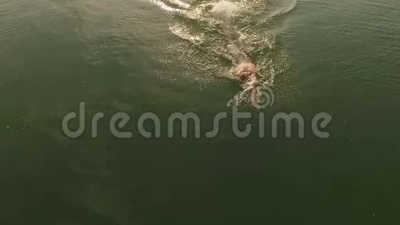 日落时分在湖中游泳的年轻人视频的预览图
