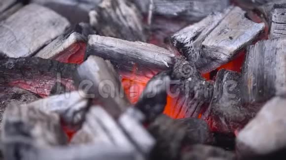 火焰烧烤炉中燃烧的热炭特写燃烧着的煤视频的预览图